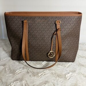 Michael Kors Brown & Tan Signature Tote with Gold MK Charm